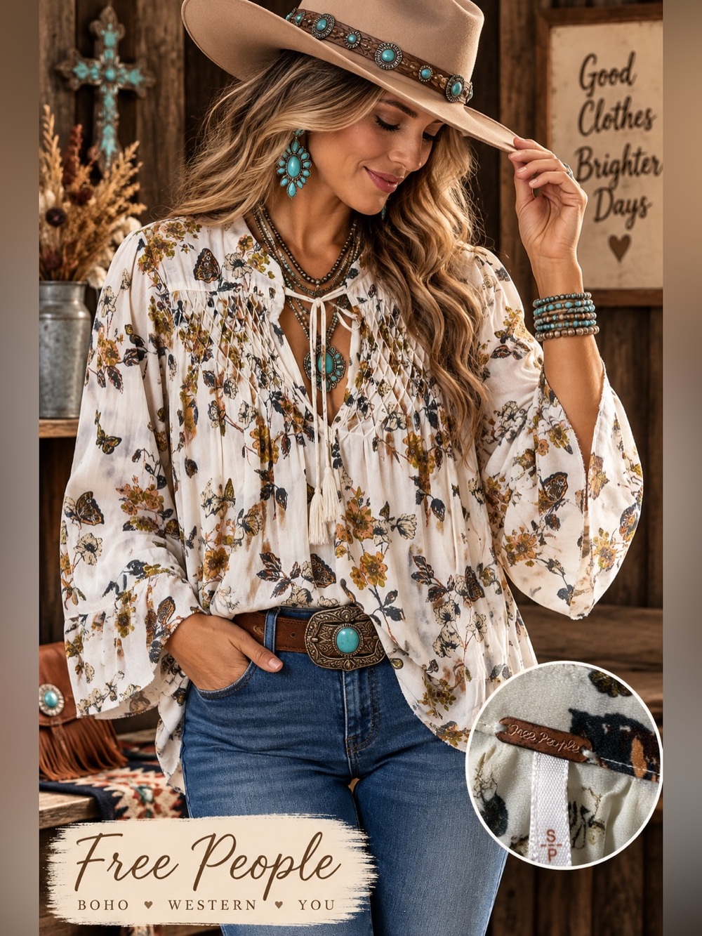 Free People Floral Butterfly Smocked Boho Tunic/Mini Dress Style Small